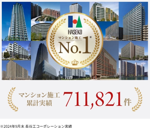 HASEKO マンション施工No.1※ マンション施工累計実績711,821件　※2024年9月末 長谷工コーポレーション実績