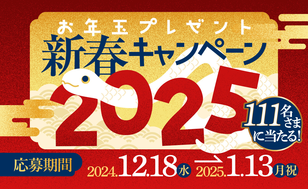 お年玉プレゼント新春キャンペーン2025 111名さまに当たる！　応募期間2024.12.18(水)〜2025.1.13(月祝)