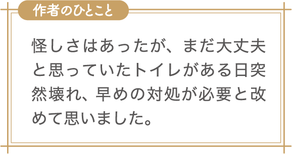 作者のひとこと　怪しさはあったが、まだ大丈夫と思っていたトイレがある日突然壊れ、 早めの対処が必要と改めて思いました。