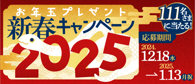 お年玉プレゼント新春キャンペーン2025 111名さまに当たる！　応募期間2024.12.18(水)〜2025.1.13(月祝) バナー