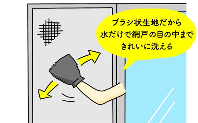 専用たわしで網戸を掃除している図