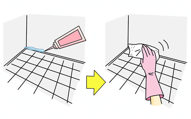 壁と床の境目に付着したコーキングの黒カビ掃除