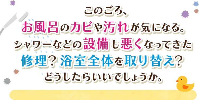 このごろ、お風呂のカビや汚れが気になる。シャワーなどの設備も悪くなってきた修理？浴室全体を取り替え？どうしたらいいでしょうか。