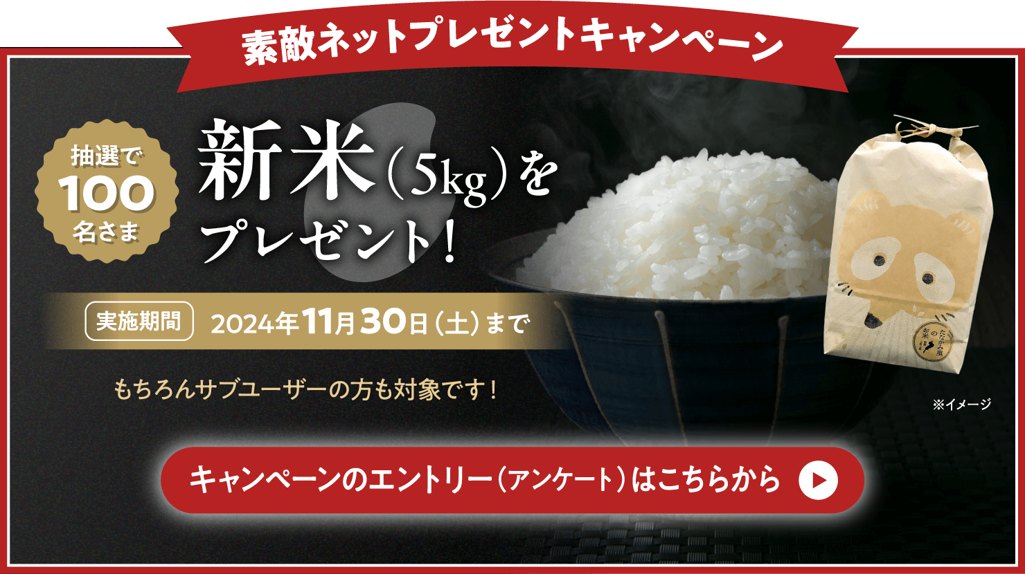 素敵ネットプレゼントキャンペーン　抽選で100名さま　新米5kgをプレゼント　実施期間2024年11月30日（土）まで　もちろんサブユーザーの方も対象です！　キャンペーンのエントリー（アンケート）はこちらから