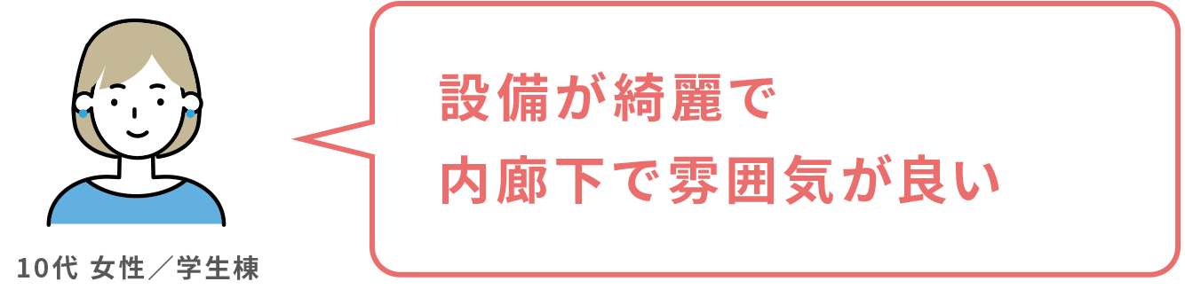 設備が綺麗で内廊下で雰囲気が良い 10代 女性／学生棟