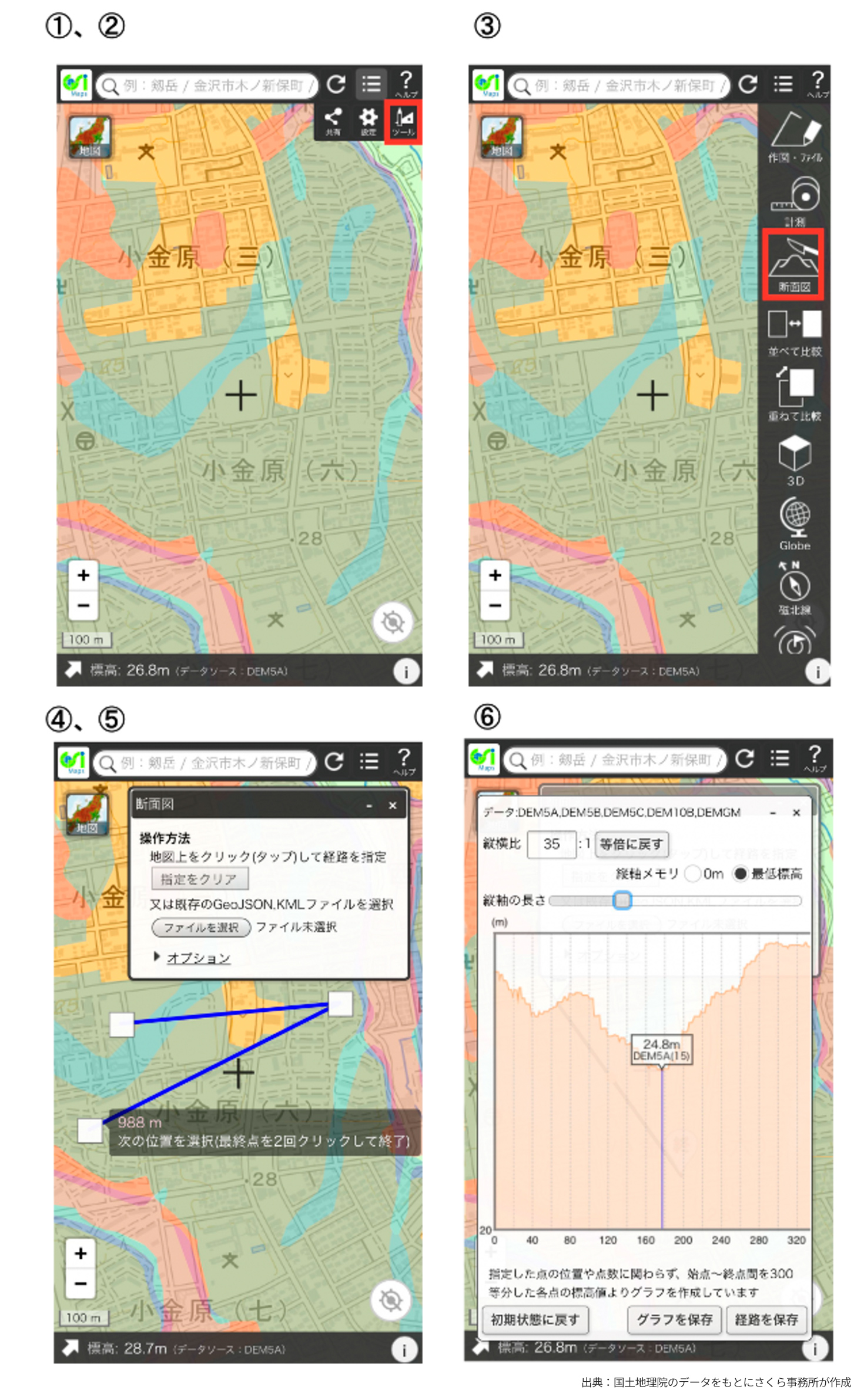 地理院地図土地の断面図